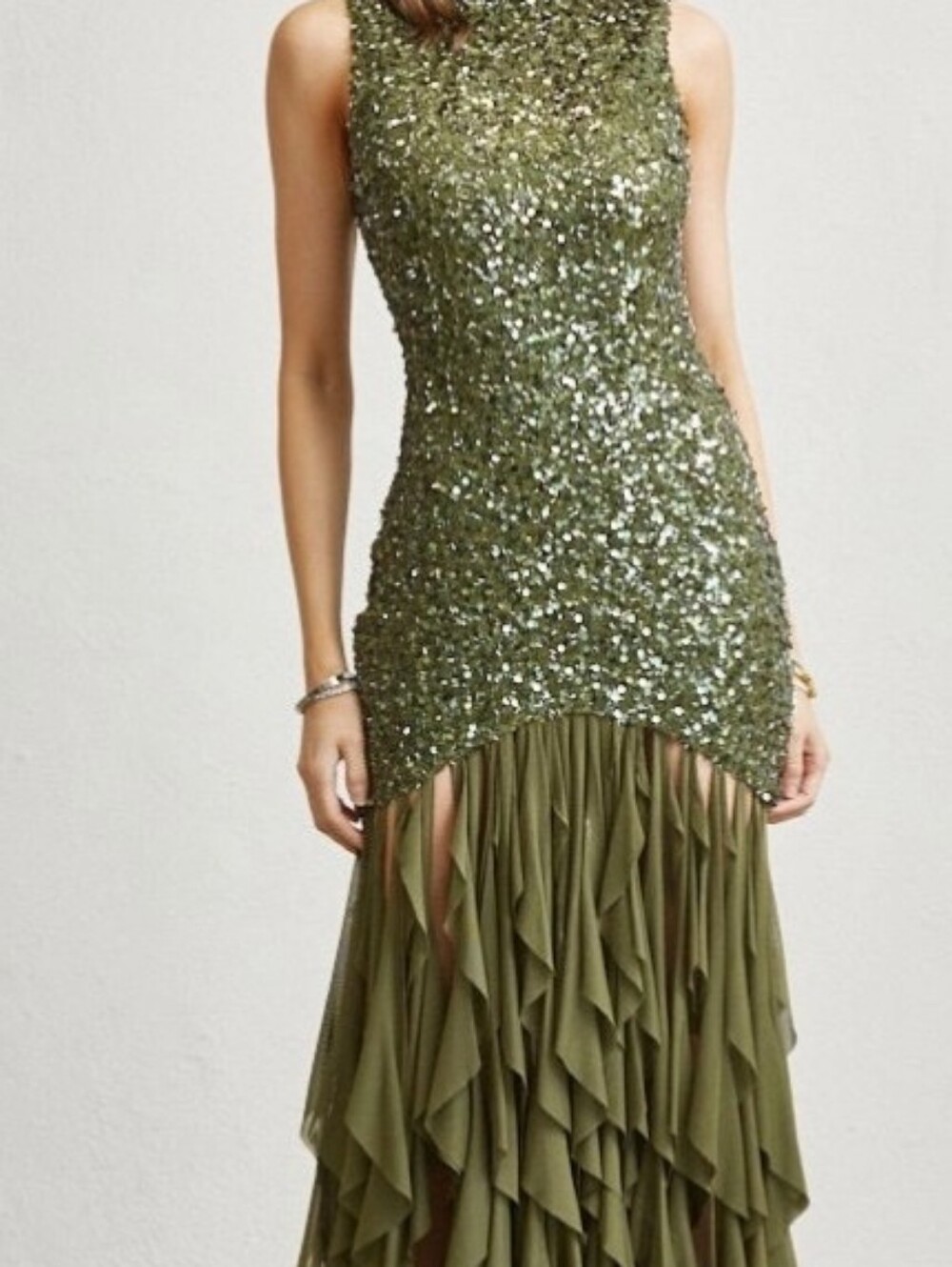 NovaLux Sequin & Ruffle Olive Green Evening Gown